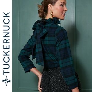 Tuckernuck Blackwatch Plaid Faye Ruffle Collar Tie Bow Wool Blend Blouse Size XS